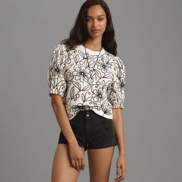 ANTHROPOLOGIE Maeve Puff-Sleeve Embroidered White Pullover Top Size XS NWT - Picture 3 of 5